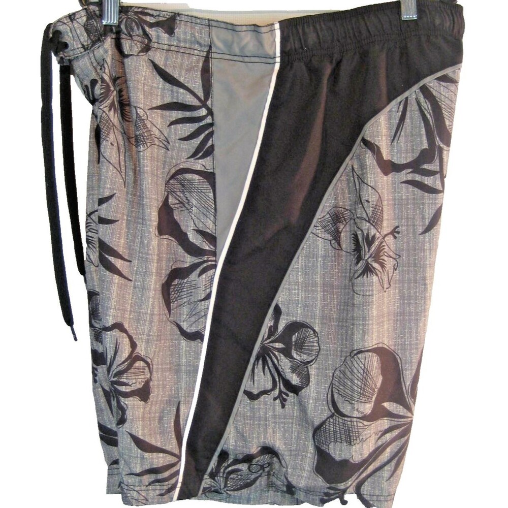 Mens Ocean Pacific Black/Gray Polyester Floral Swim Board Shorts sz XLx10